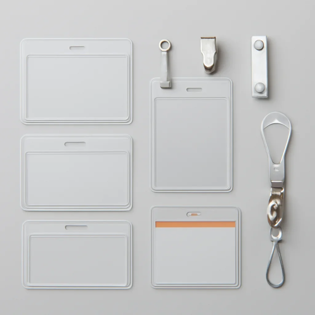 Close look at holders and clips for event and staff credentials materials, finishing, and layout choices