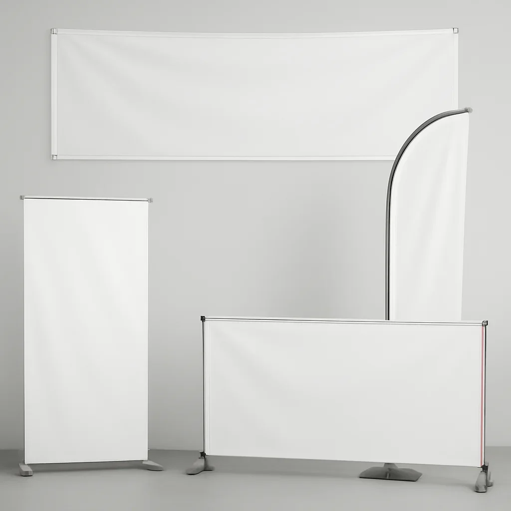 Close look at all banner products for events and promotions materials, finishing, and layout choices