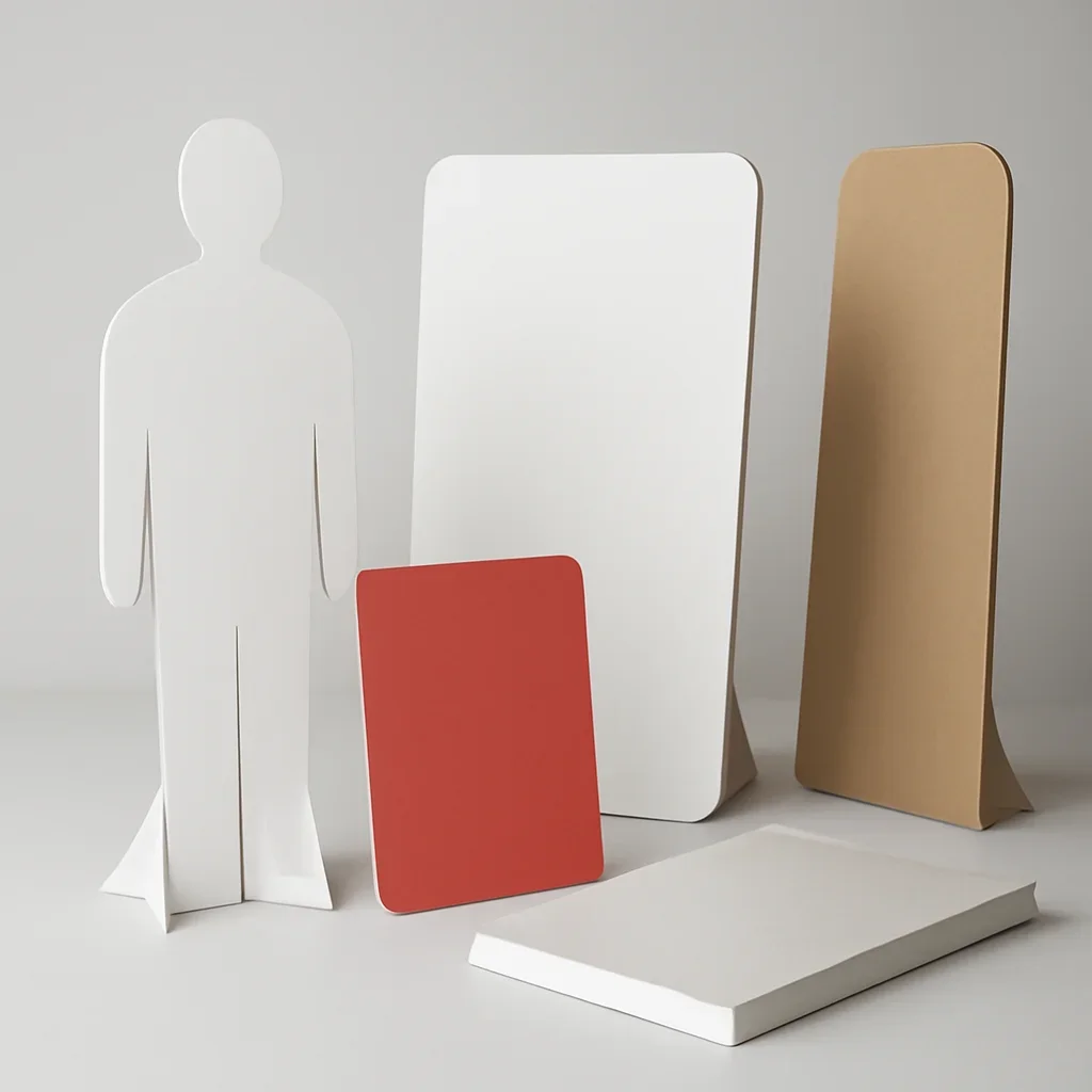 Close look at custom cutouts, standees, and display boards materials, finishing, and layout choices