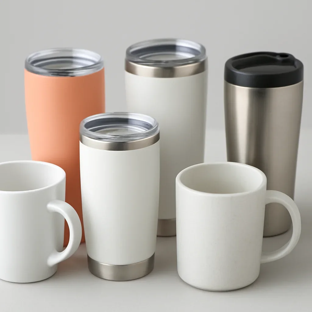 Close look at tumblers, mugs, and insulated drinkware materials, finishing, and layout choices