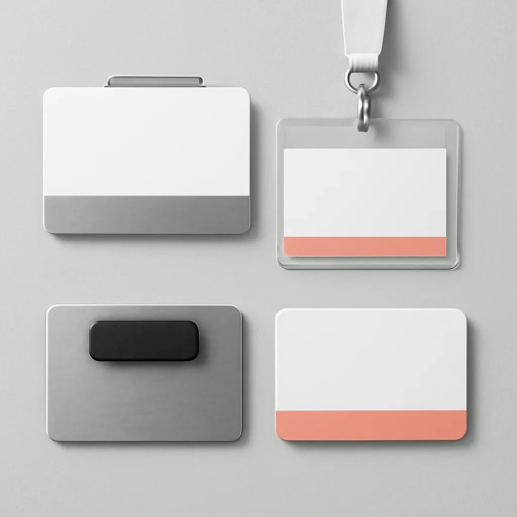 Close look at employee, event, and reusable name badges materials, finishing, and layout choices