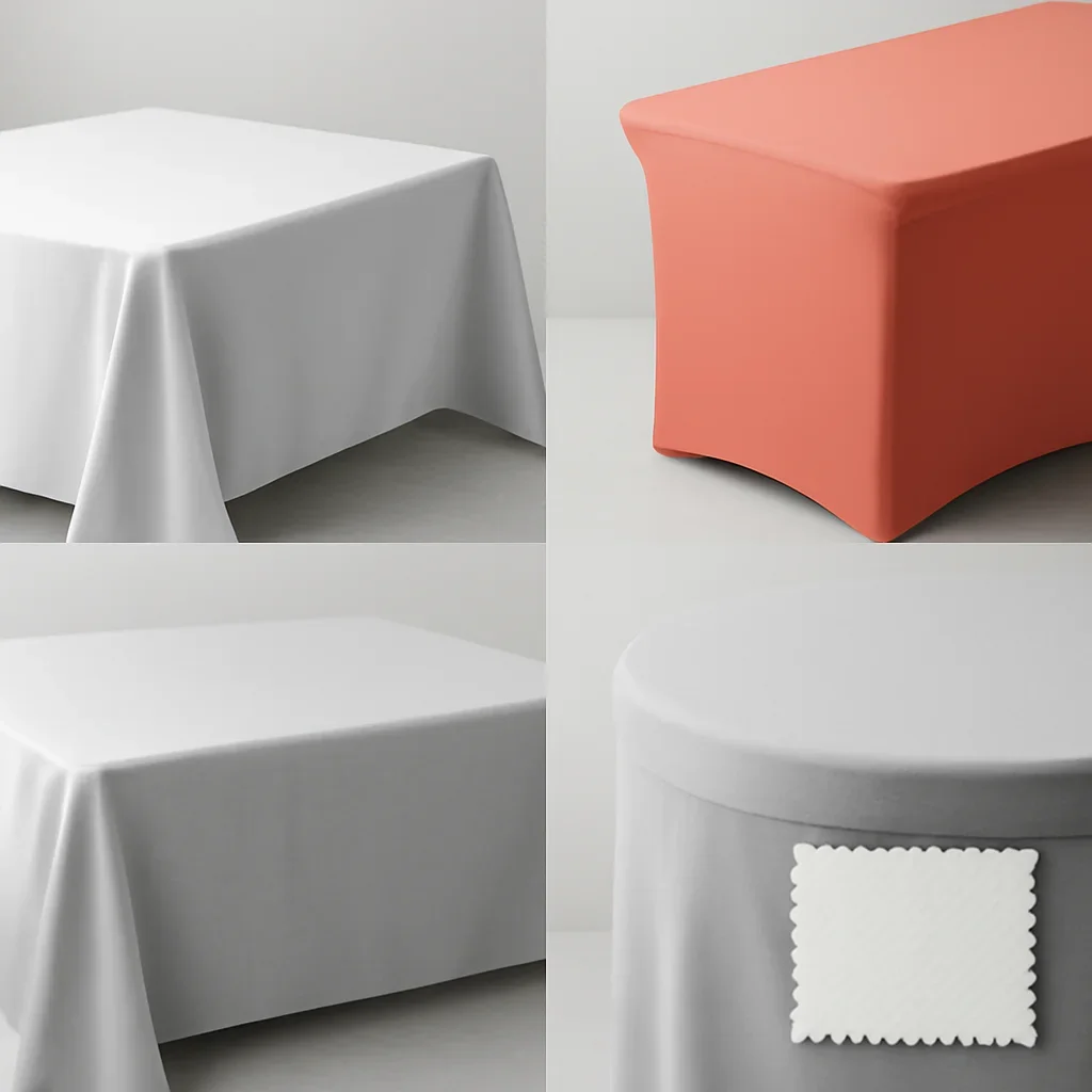 Close look at tablecloths, fitted covers, stretch covers materials, finishing, and layout choices