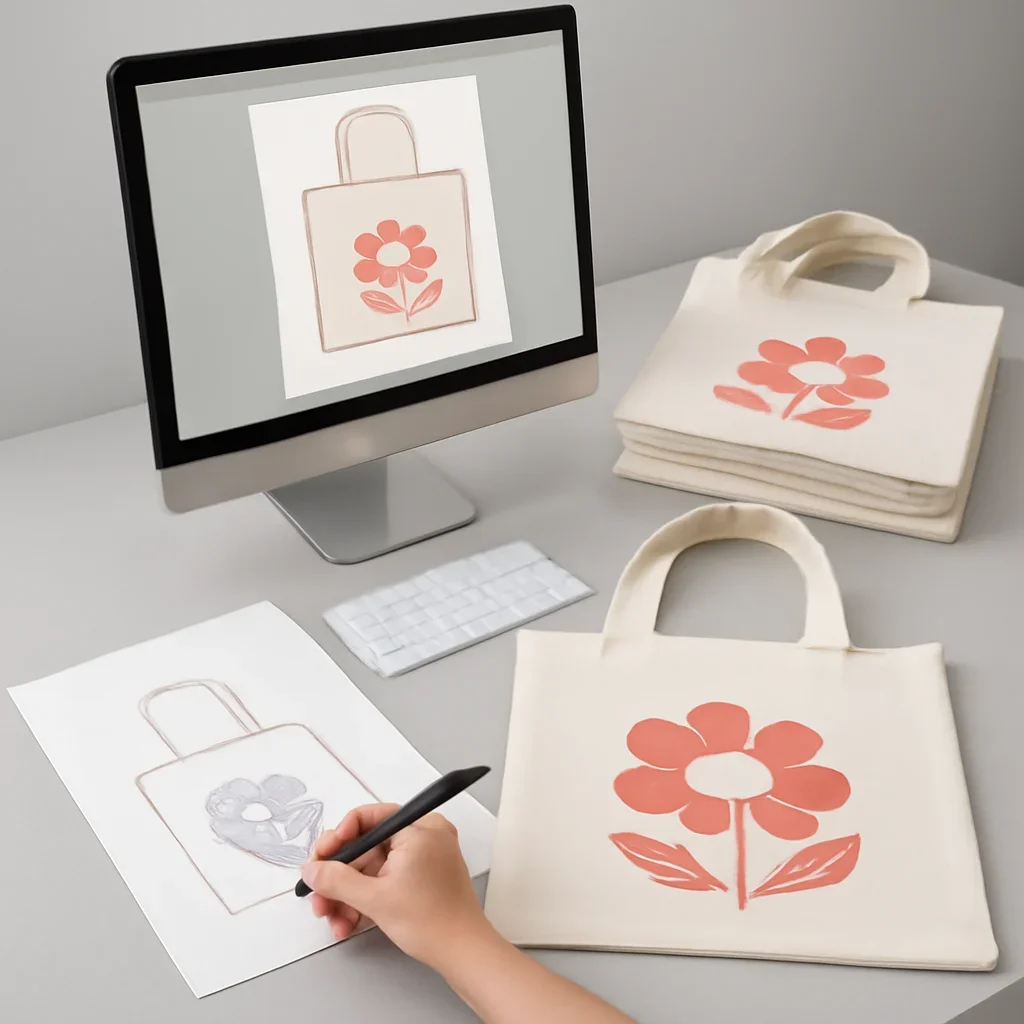 Custom Tote Bags artwork and production planning in progress