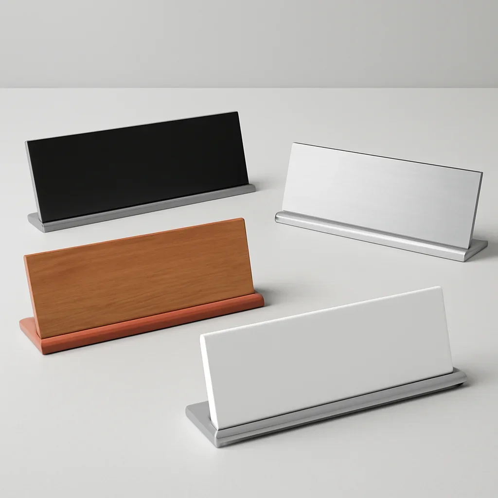Close look at desk signs and holders materials, finishing, and layout choices