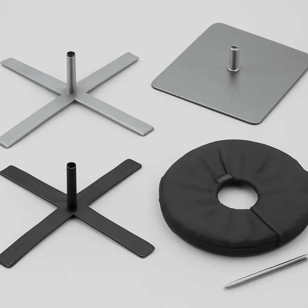 Close look at cross bases, plates, spikes, and water bags materials, finishing, and layout choices