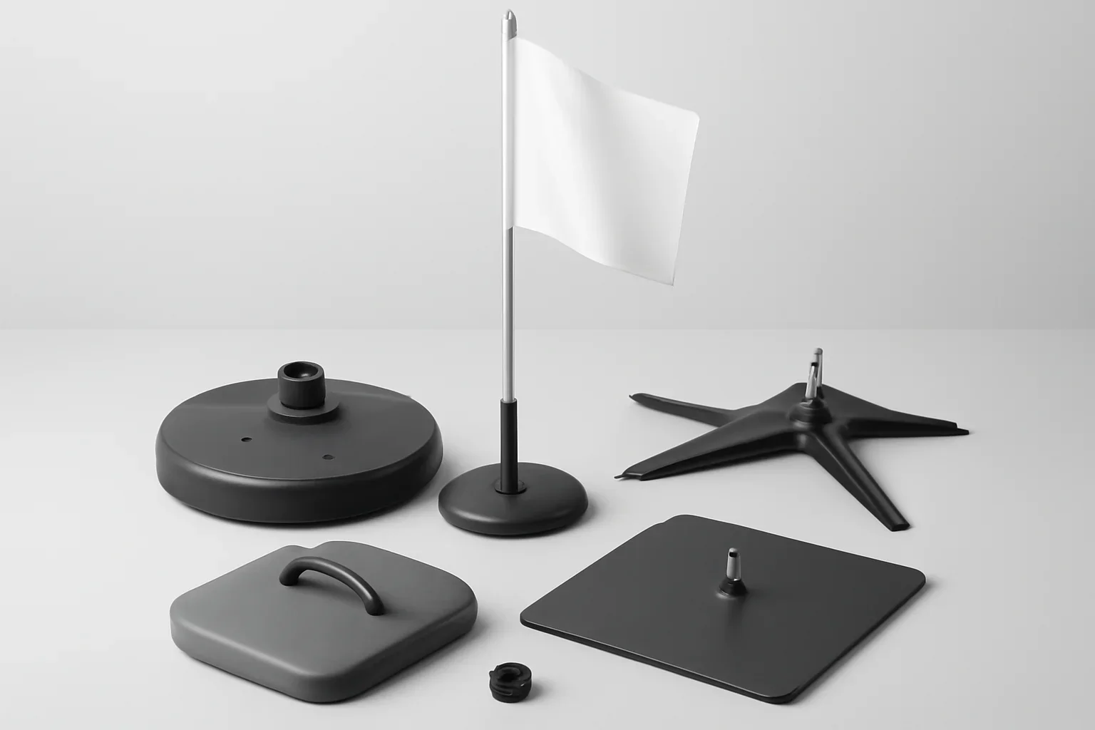 Flag Bases & Accessories presented in a clean promotional setting