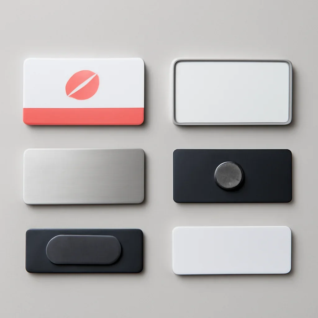 Close look at magnetic staff and logo name badges materials, finishing, and layout choices