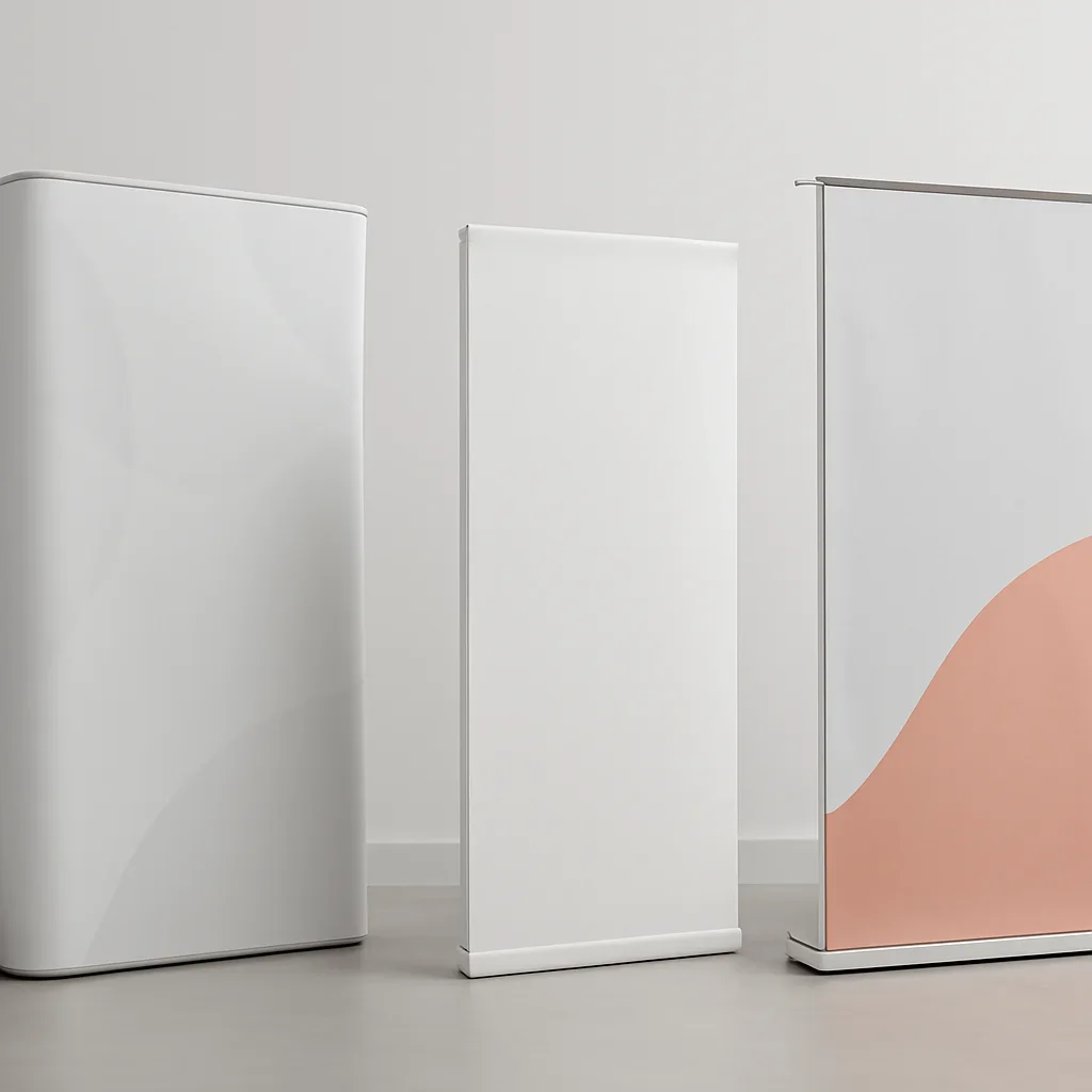 Close look at curved, straight, and fabric pop-up displays materials, finishing, and layout choices