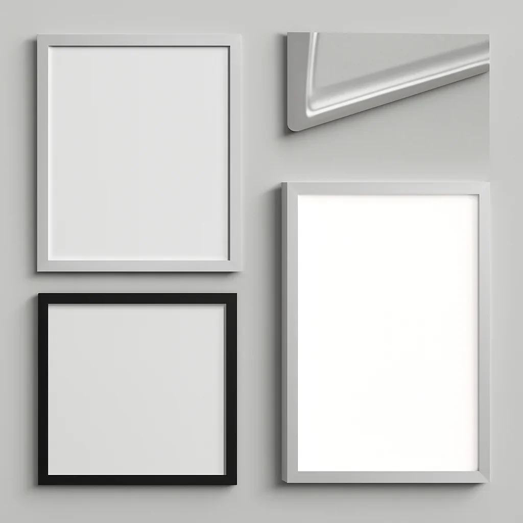 Close look at retail poster frames and illuminated displays materials, finishing, and layout choices