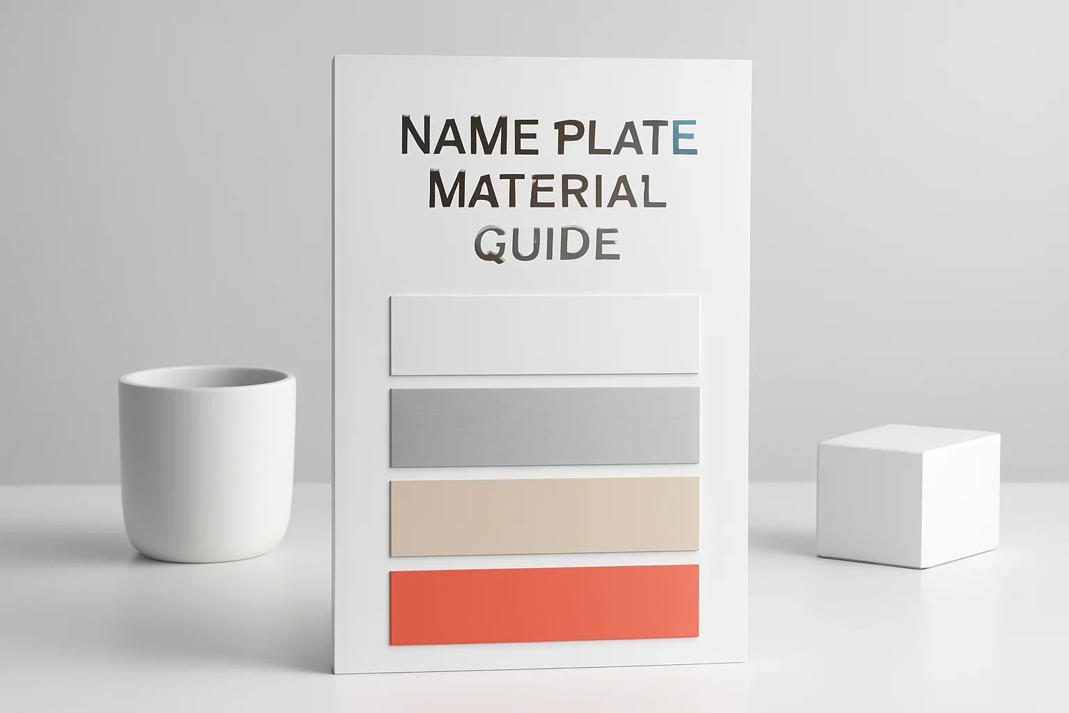 Name Plate Material Guide presented in a clean promotional setting