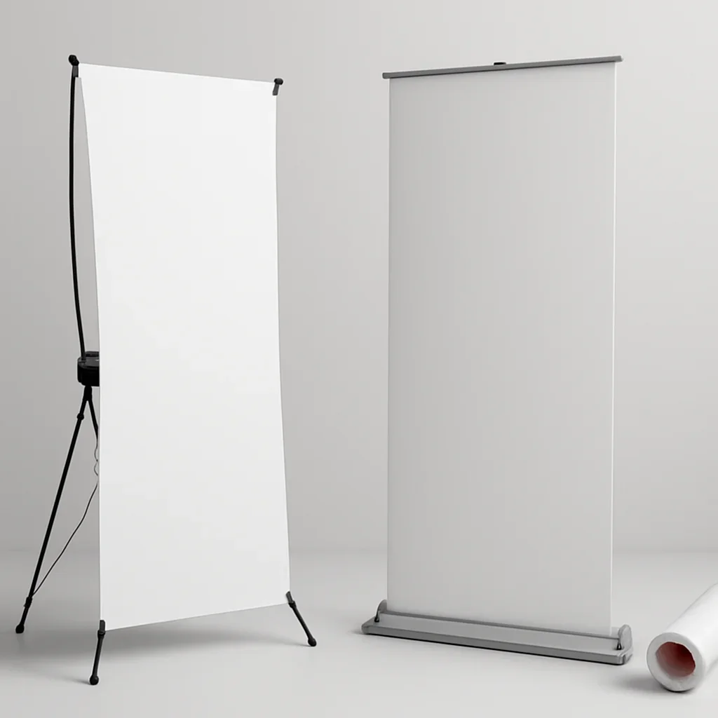 Close look at x-stand and alternate banner stand systems materials, finishing, and layout choices